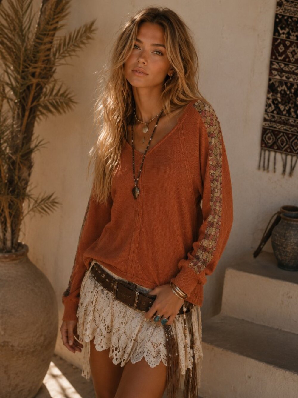 Blue Velvet Boho Patchwork Oversized Waffle Knit Tunic Top - Rust Orange